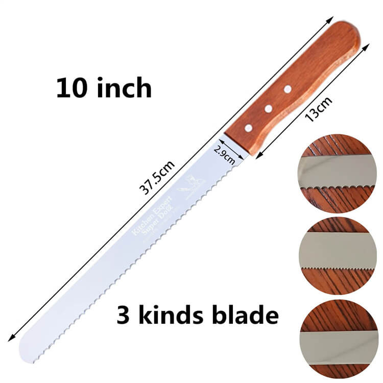10 Inch Kitchen Long Stainless Steel Bread Knife Serrated Blade Toast Cake Bread Cutting Knife With Wooden Handle