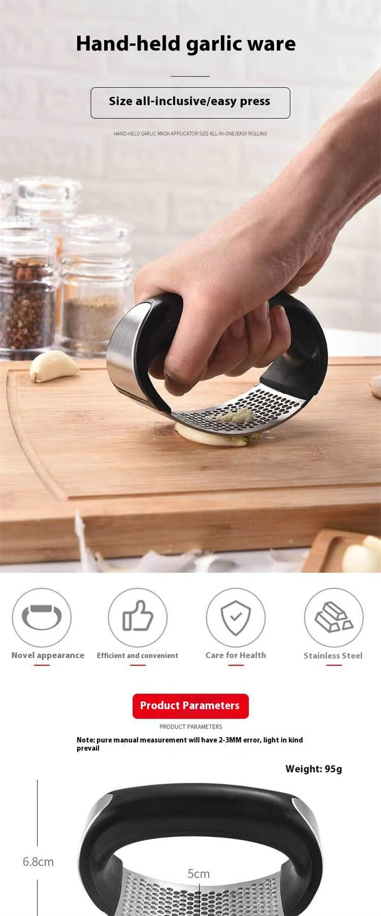3 In 1 Arc Shaped Kitchen Gadget Garlic Crusher Tool Plastic Handle Stainless Steel Garlic Press Peeler Crusher