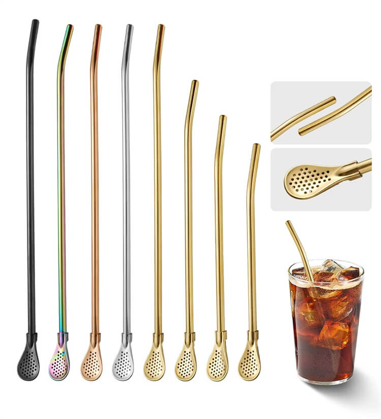 304 Cocktail Stainless Steel Straw Metal Drinking Straws Juice Coffee Stirring Metal Drinking Straws Filter Spoon