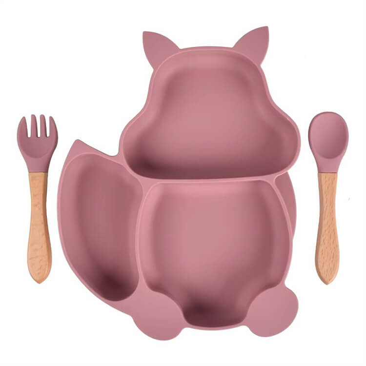 Bpa-Free Divided Silicone Plate Set Microwave Safe Squirrel Animal Suction Toddler Plates Non Toxic Kids Dish &amp; Spoon Fork