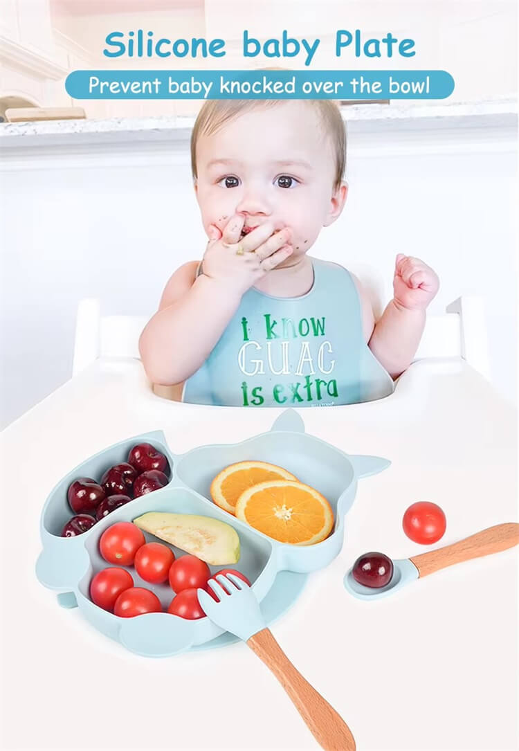 Bpa-Free Divided Silicone Plate Set Microwave Safe Squirrel Animal Suction Toddler Plates Non Toxic Kids Dish &amp; Spoon Fork