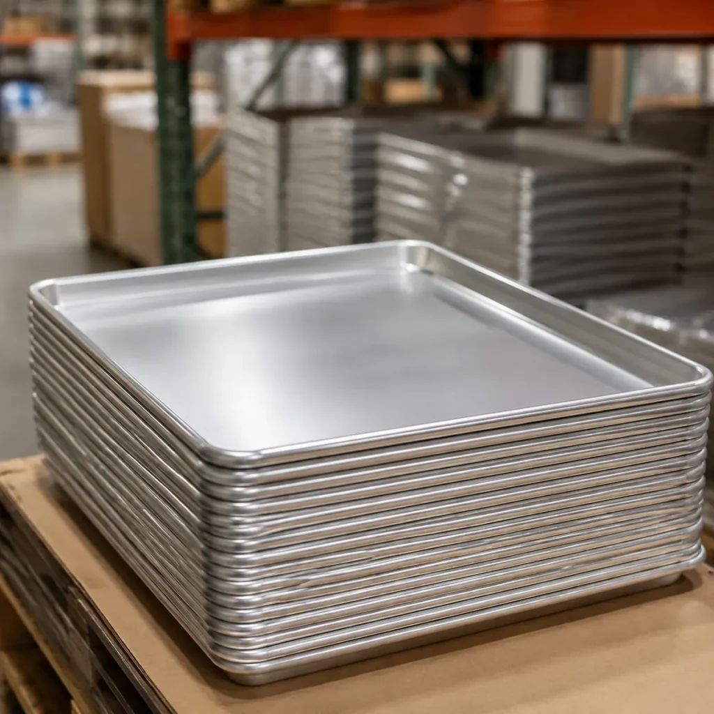 Stack of commercial cookie baking sheets for wholesale