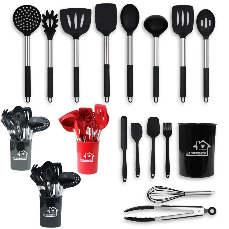 Kitchen cooking tools set with stainless steel and silicone utensils for OEM orders