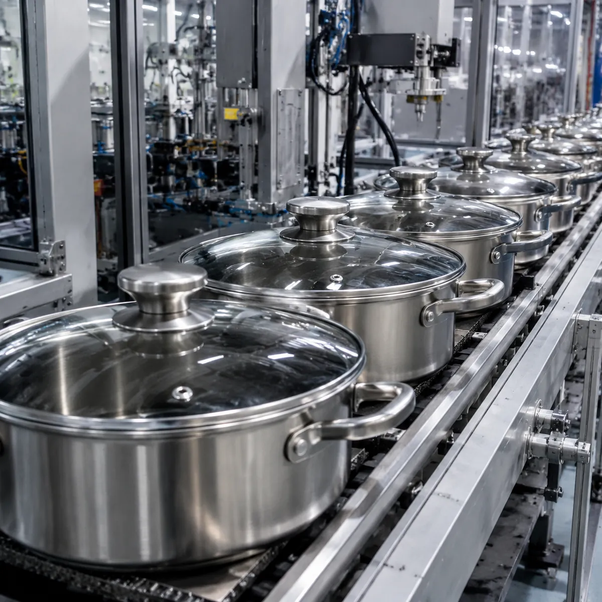 Cookware production line with pots and glass lids