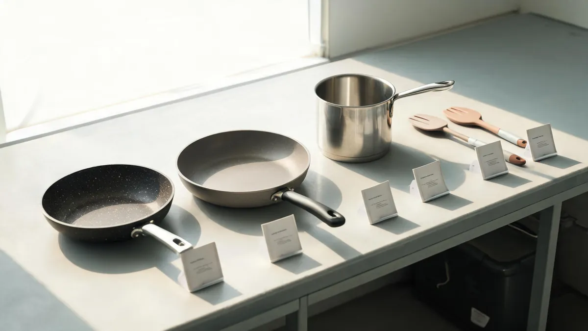 Cookware samples with tags - illustrative
