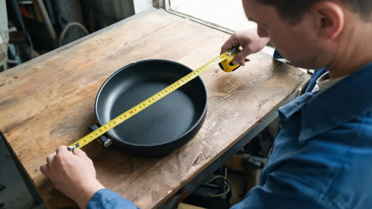 Measuring a pan during sample review - illustrative