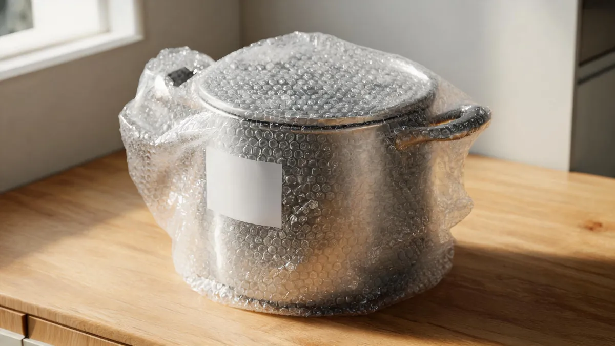 Wrapped kitchenware sample with label - illustrative