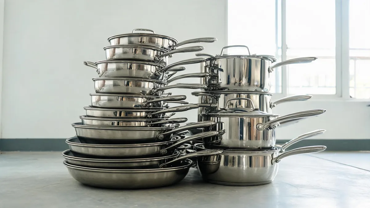 Stainless steel cookware in a showroom - illustrative
