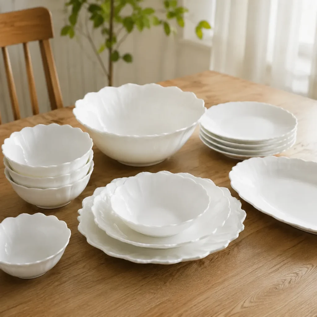 White porcelain dinnerware set with scalloped edges for wholesale