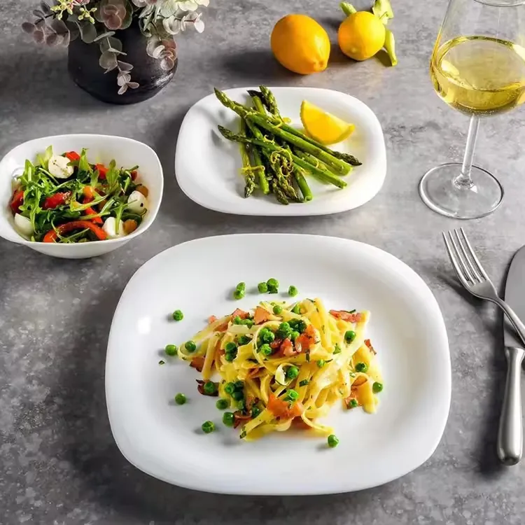 Elegant white opal tableware set for hotel breakfast service and catering