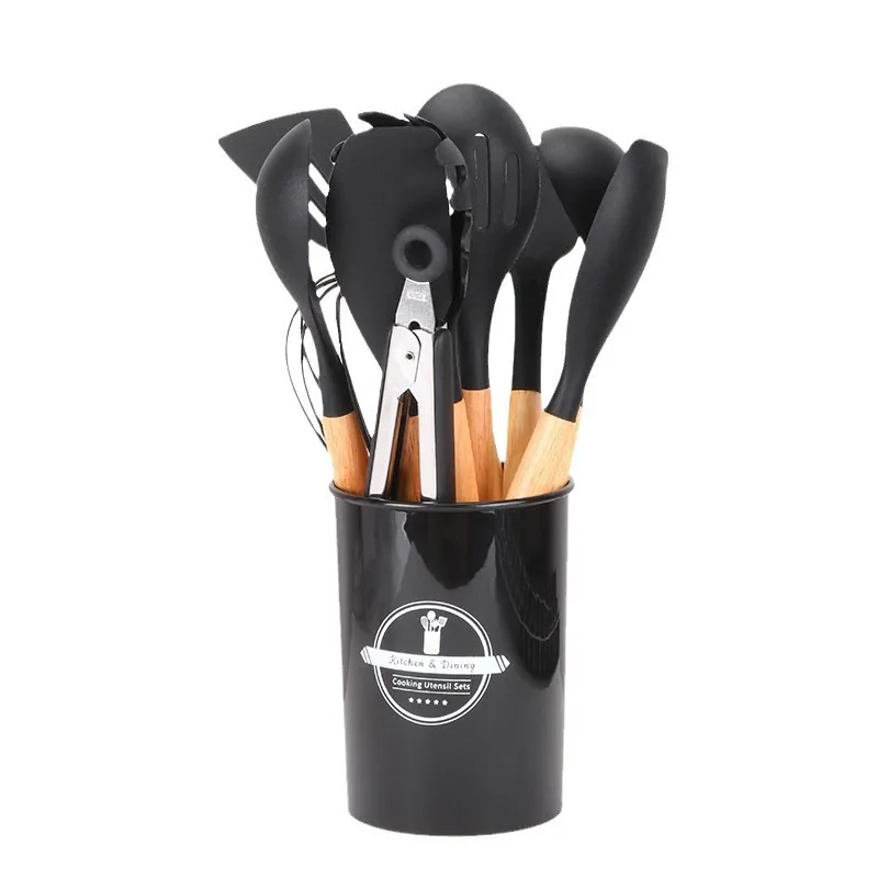 Silicone kitchen utensils with wooden handles for cooking