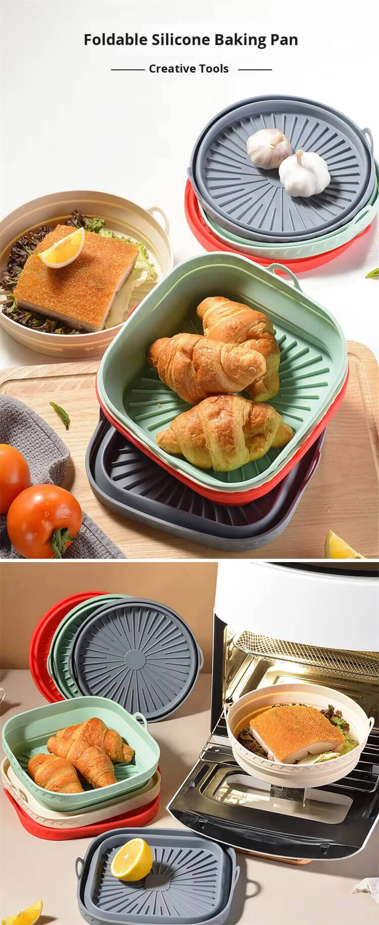 Round And Square Foldable Silicone Air Fryer Liners Basket Food Grade Air Fryer Silicone Liner For Oven Household