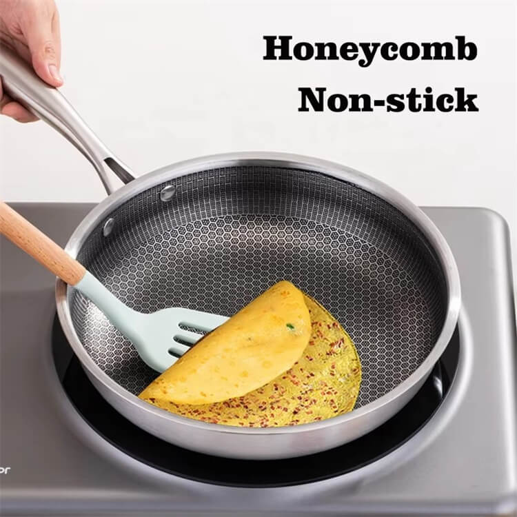 Stainless Steel Frying Pan With Non Stick Honeycomb Surface Long Handle Flat Iron Skillet Pan