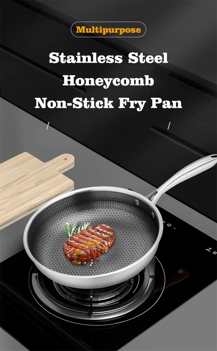 Stainless Steel Frying Pan With Non Stick Honeycomb Surface Long Handle Flat Iron Skillet Pan