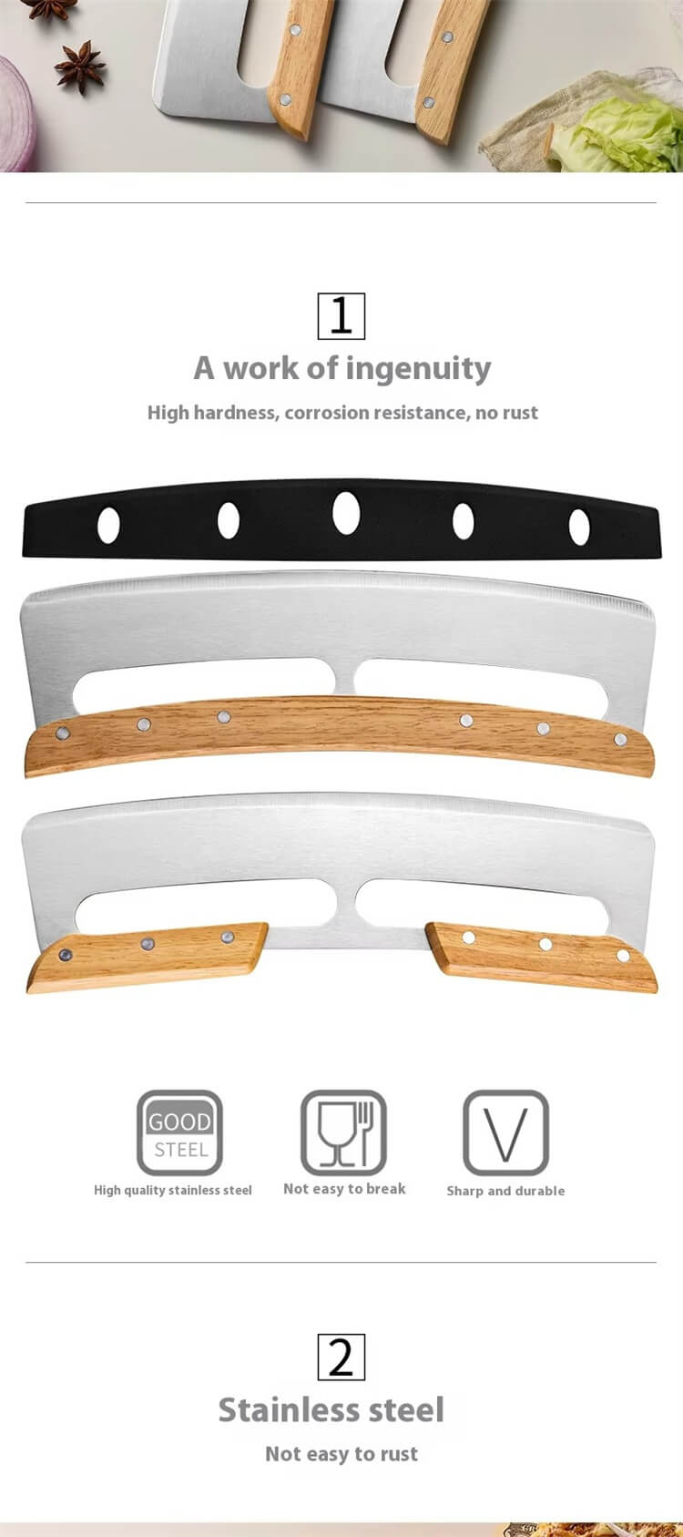 Stainless Steel Pizza Cutter With Double Wooden Handle Large Pizza Slicer Chopper Stainless Steel Blade Pizza Knife