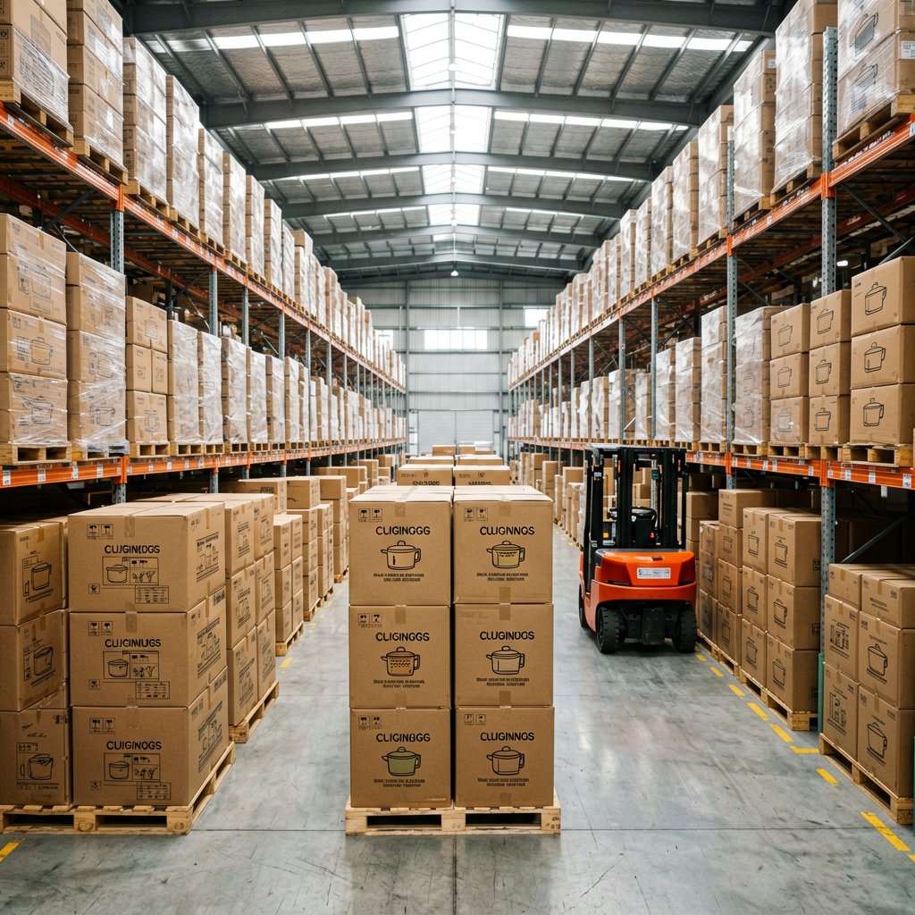 Packed kitchenware cartons in a warehouse ready for export