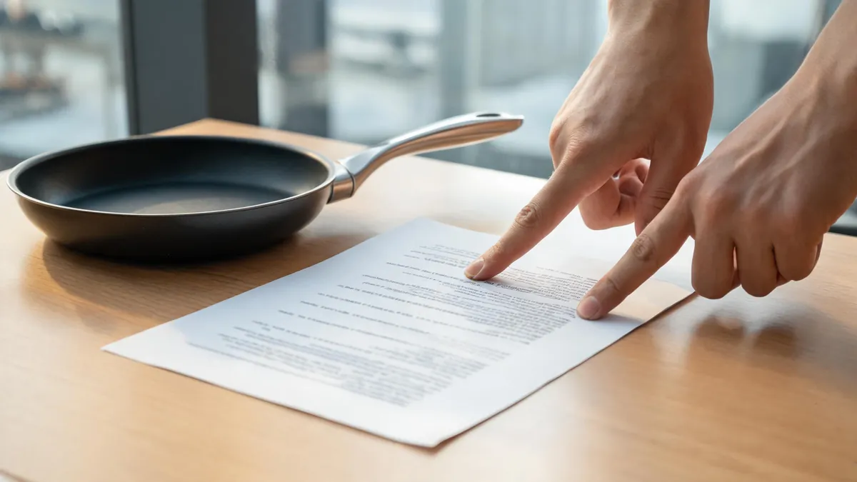 Buyer and supplier reviewing a kitchenware OEM supply contract beside cookware samples