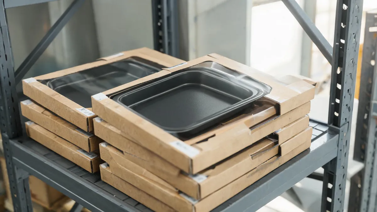 Perforated round air fryer tray beside a compact air fryer on a clean kitchen counter