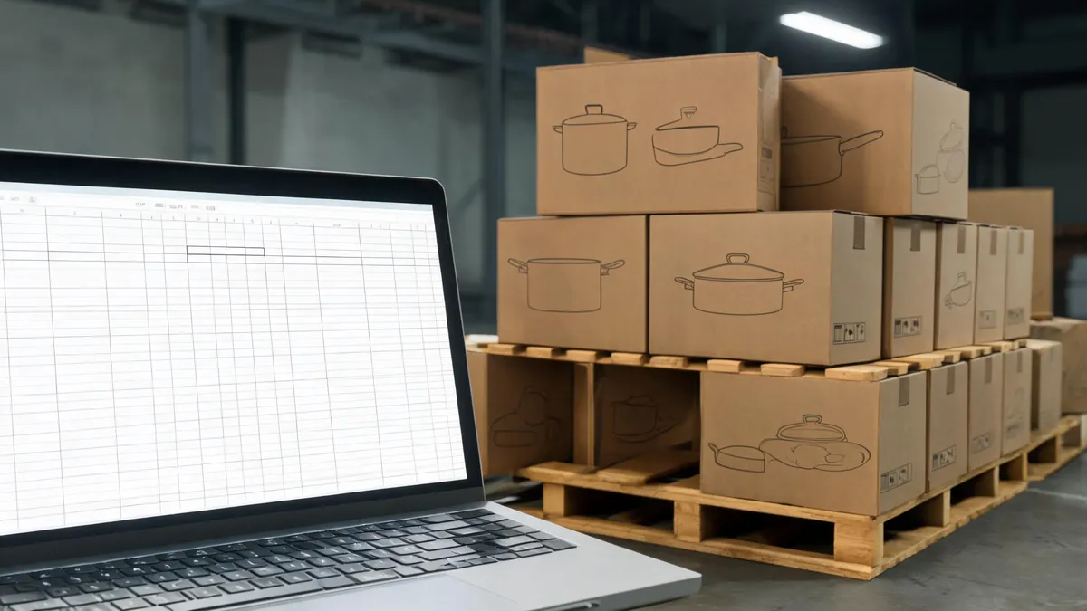 Distributor warehouse shelves with mixed kitchenware cartons and a range plan on a laptop