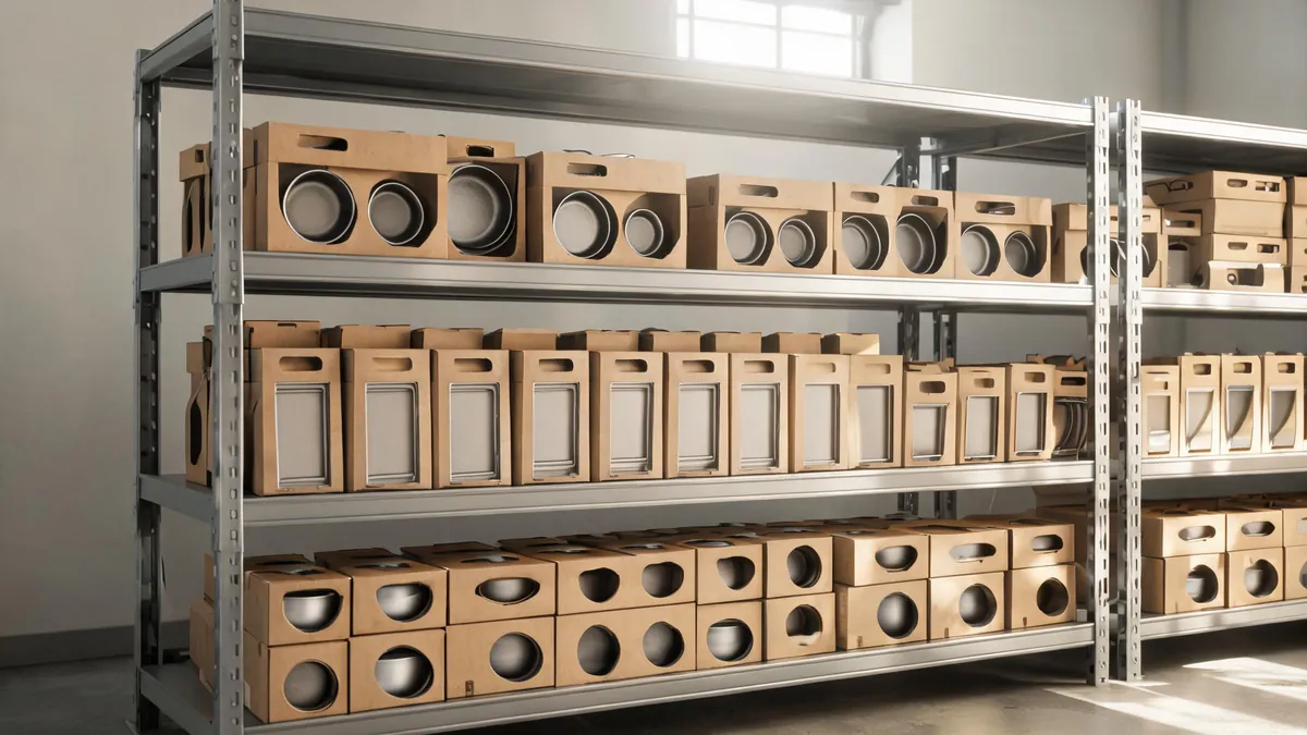 Distributor warehouse shelves with mixed kitchenware cartons and a range plan on a laptop