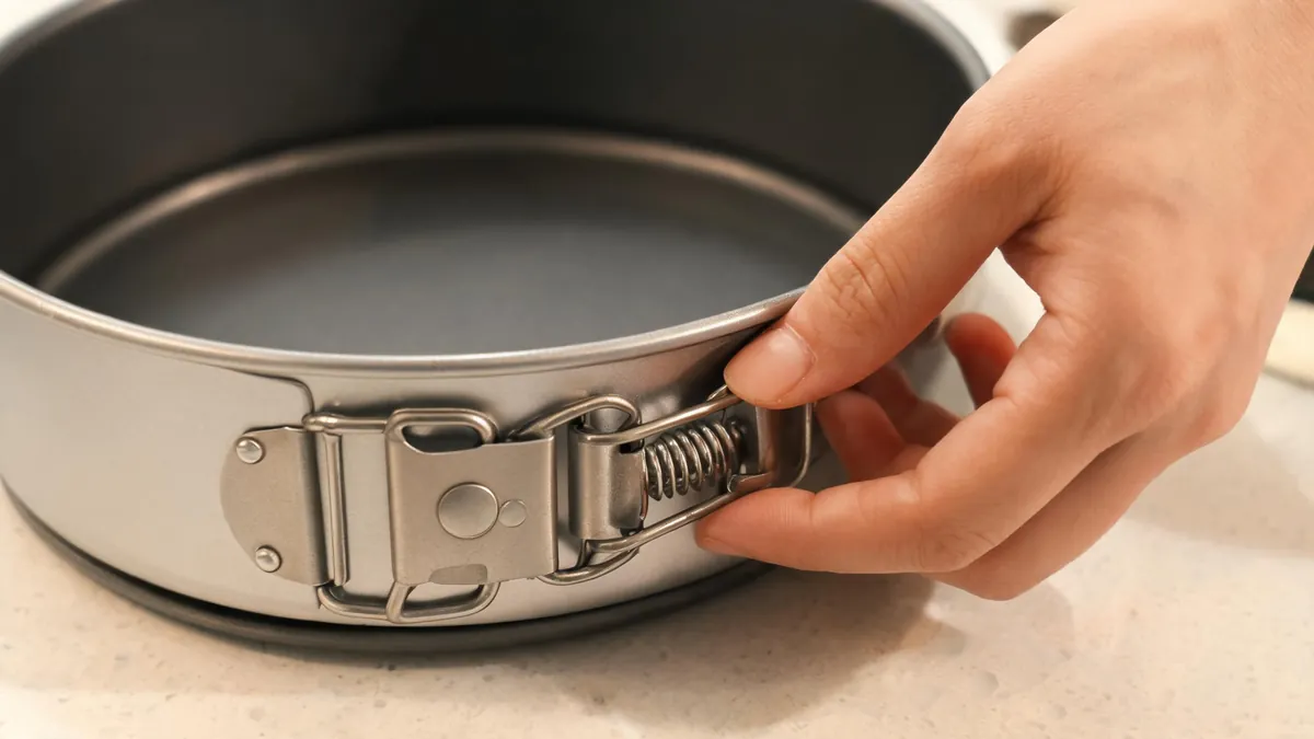 Stack of round cake pans and a springform pan with rolled rims on a clean counter