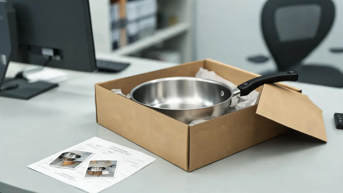 Stainless steel cookware set on a kitchen counter with a care card and warranty leaflet beside it