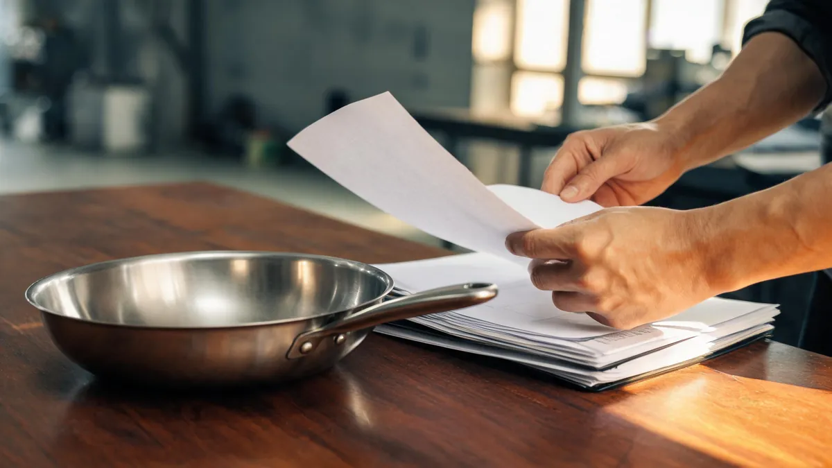 Kitchenware factory export documents and cookware samples on a meeting table