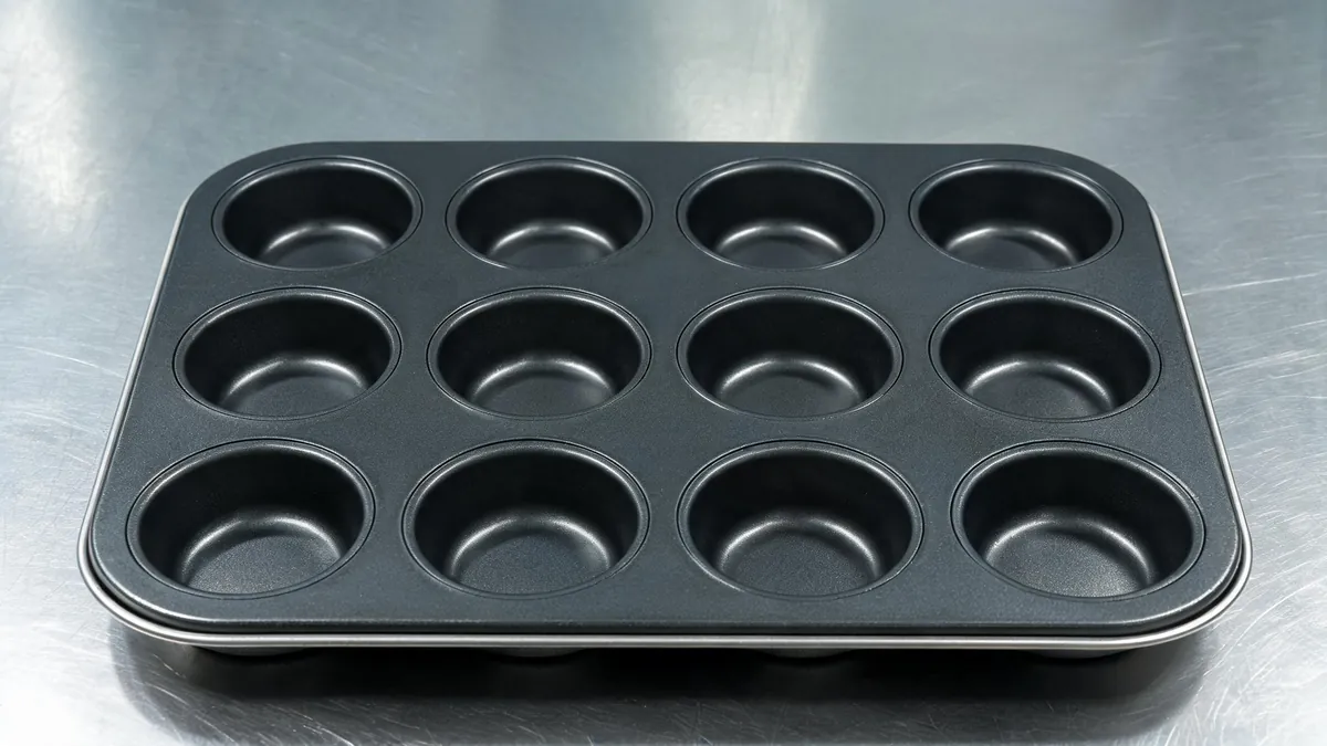 Fresh muffins cooling in metal muffin pans on a commercial bakery rack