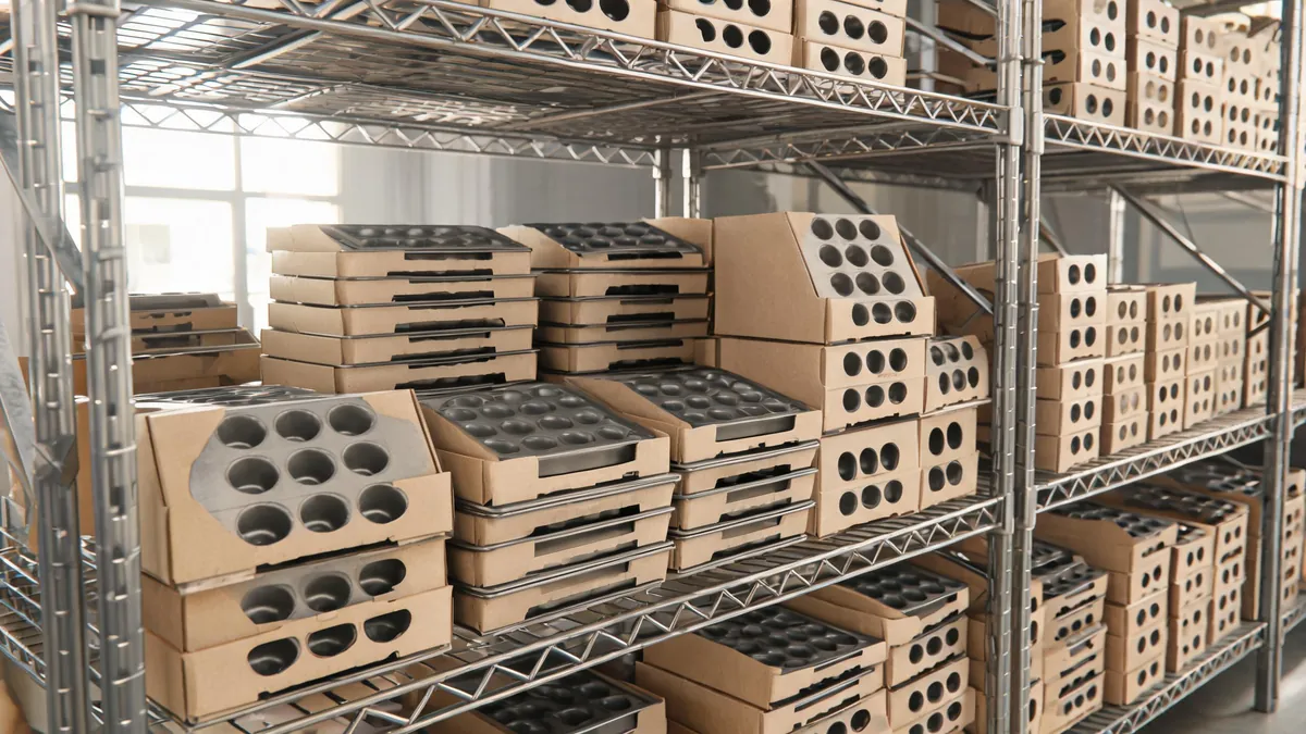 Fresh muffins cooling in metal muffin pans on a commercial bakery rack