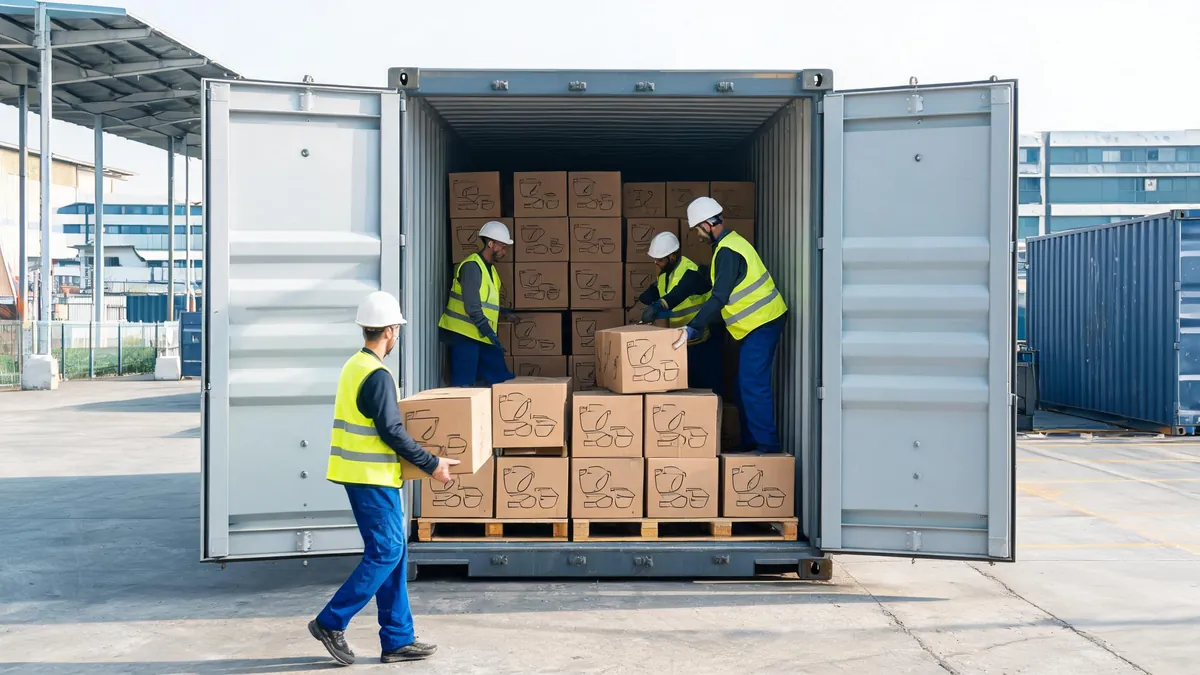 Pallets of cookware cartons in an importer warehouse with an inventory clipboard