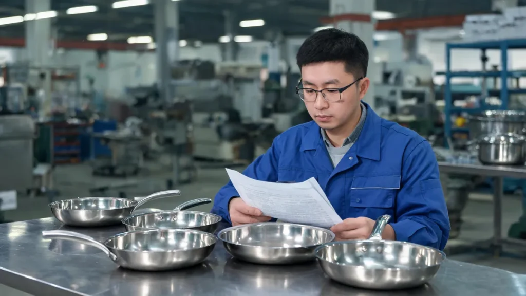 Inspecting stainless steel pans in a cookware factory - illustrative
