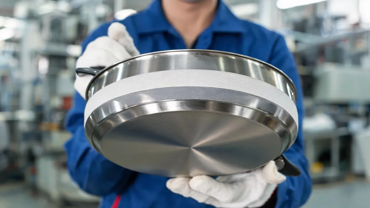 Aluminum core visible on a pan rim - illustrative
