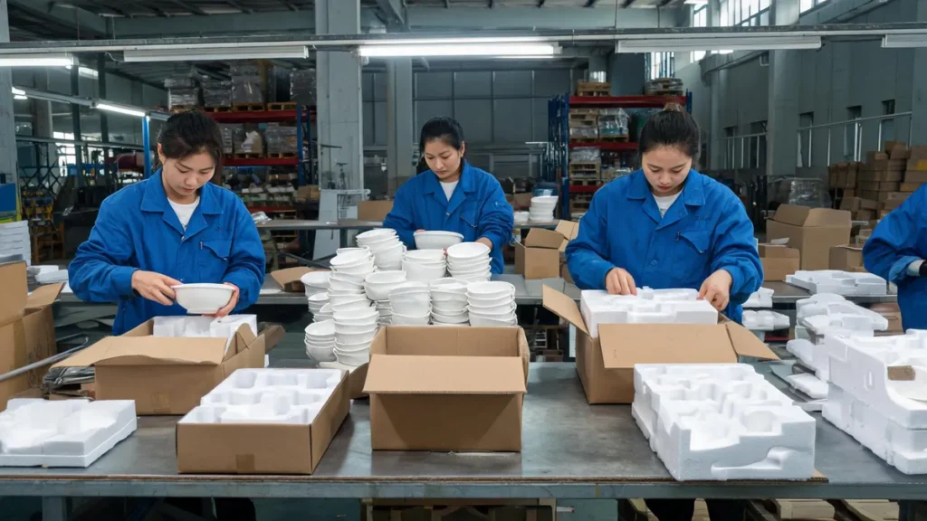 Packing kitchenware cartons with protective inserts - illustrative