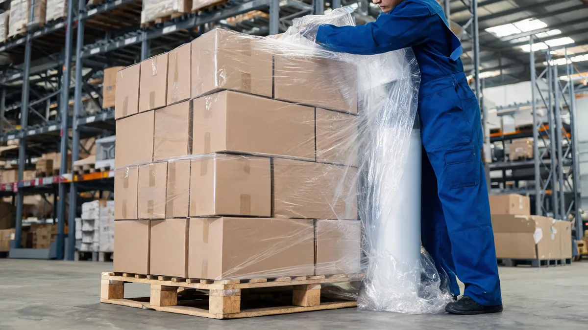 Pallet of kitchenware cartons being wrapped - illustrative