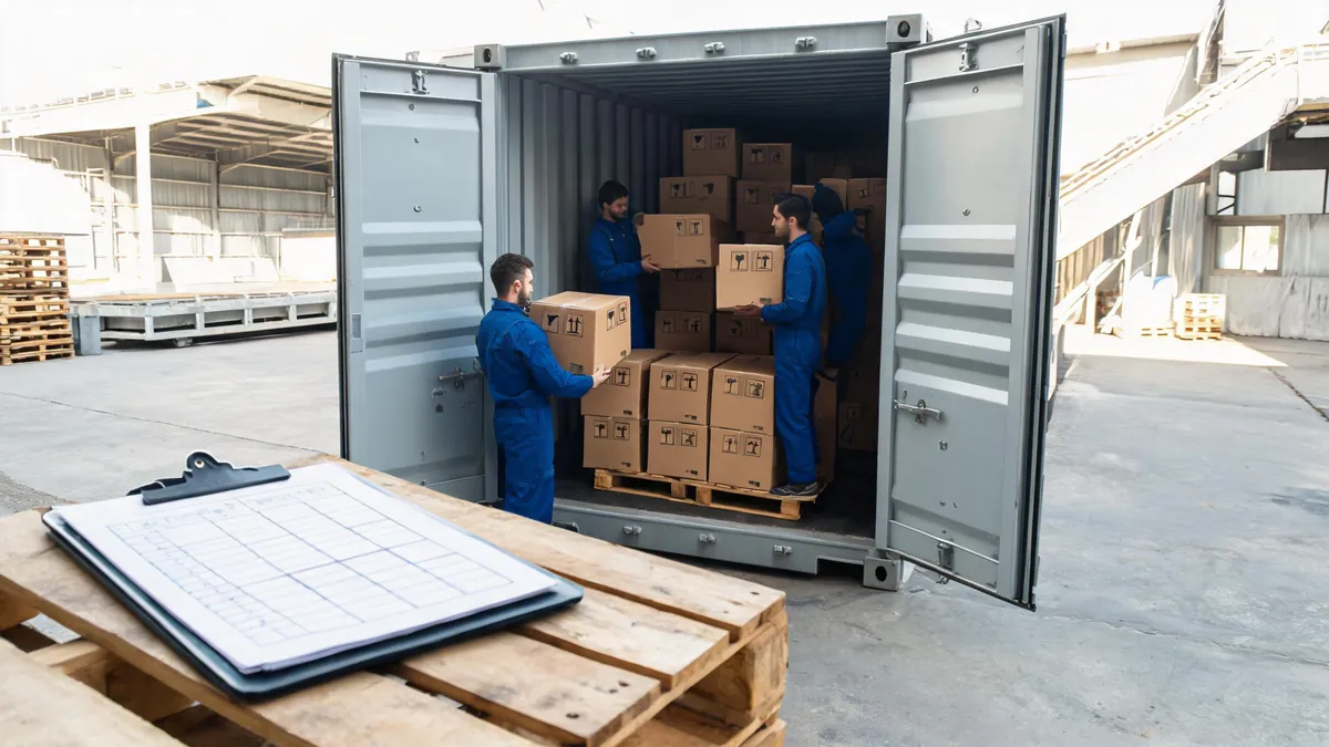 Loading kitchenware cartons into a container - illustrative