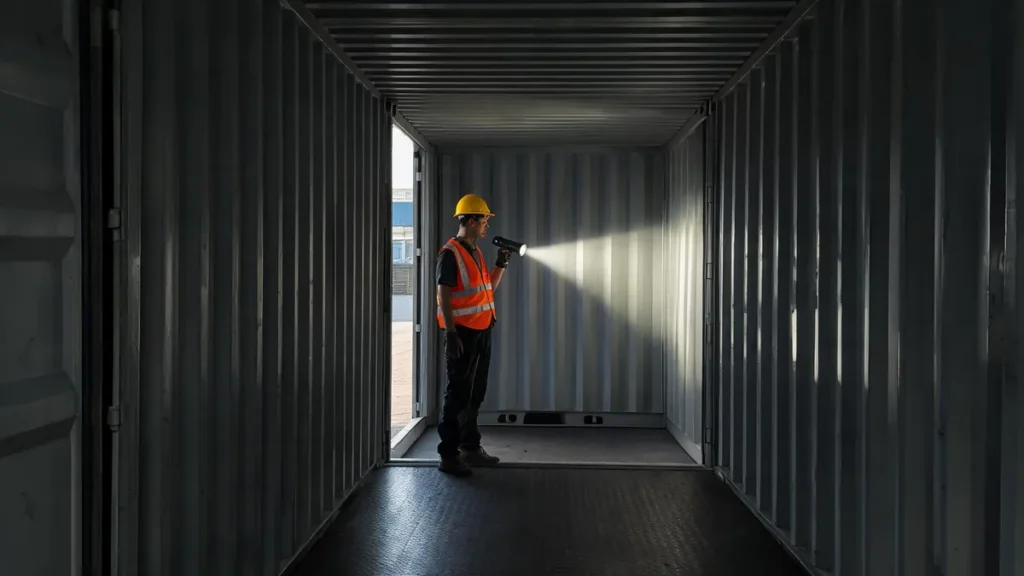 Inspecting an empty container before loading - illustrative