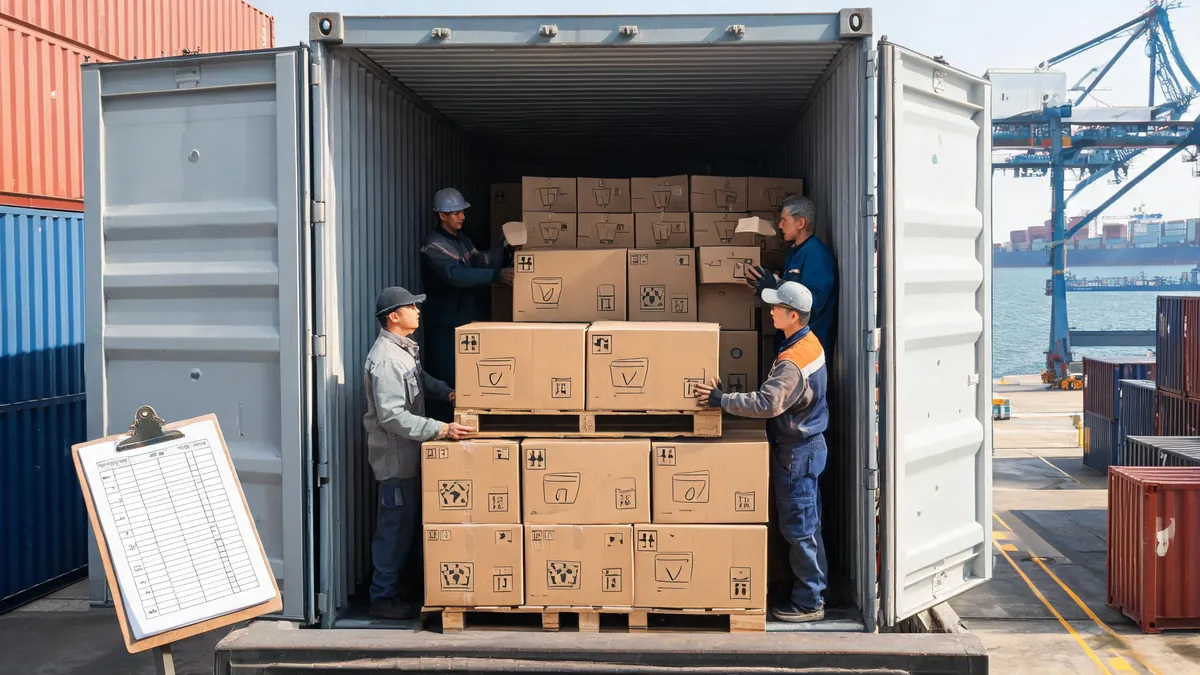Loading marked kitchenware cartons into a container - illustrative
