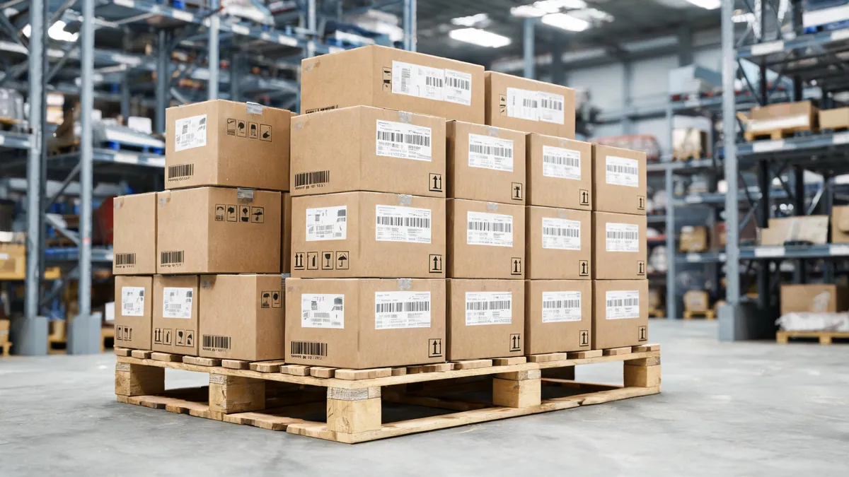 Kitchenware cartons with handling labels on pallets - illustrative