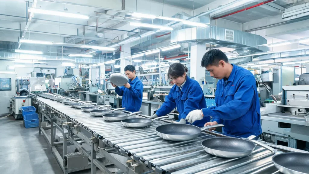 Cookware quality check on a factory production line - illustrative