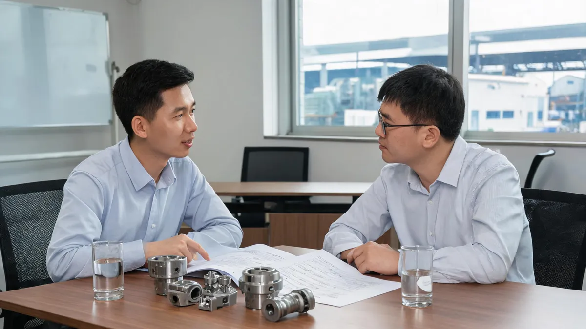 Buyer and supplier reviewing a kitchenware purchase order at a factory - illustrative