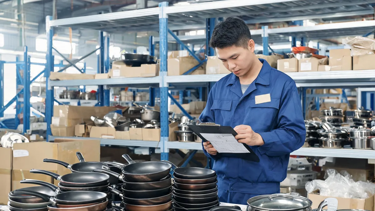 Inspector checking finished cookware against order documents - illustrative