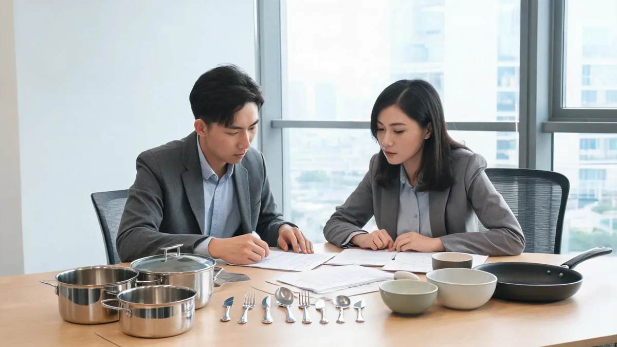 Reviewing a kitchenware order with a supplier - illustrative