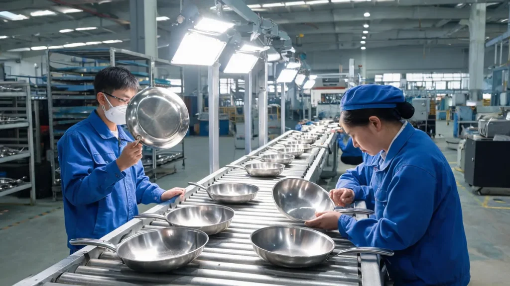 Inspectors checking pans at a cookware factory quality station - illustrative