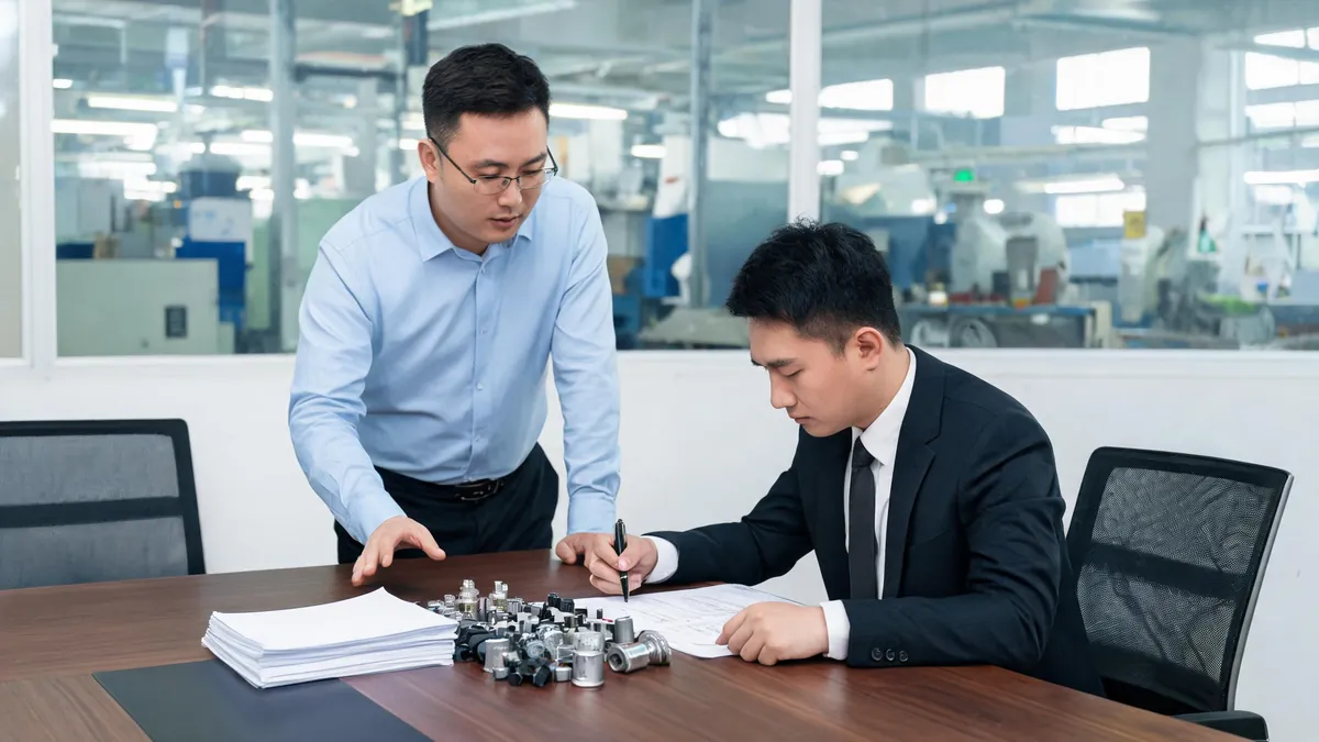 Reviewing a supplier license with product samples at a factory - illustrative