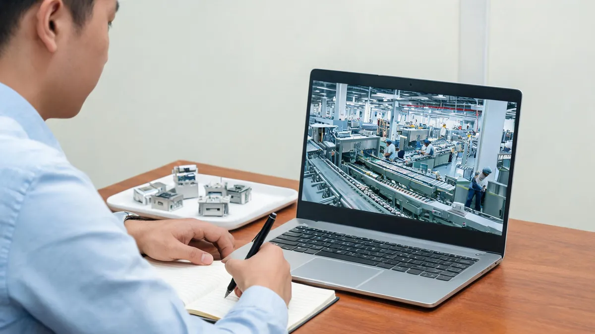 Video call showing a production line during supplier qualification - illustrative