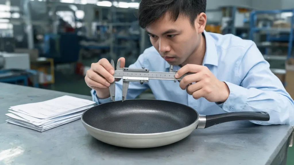 Measuring a frying pan sample with calipers - illustrative