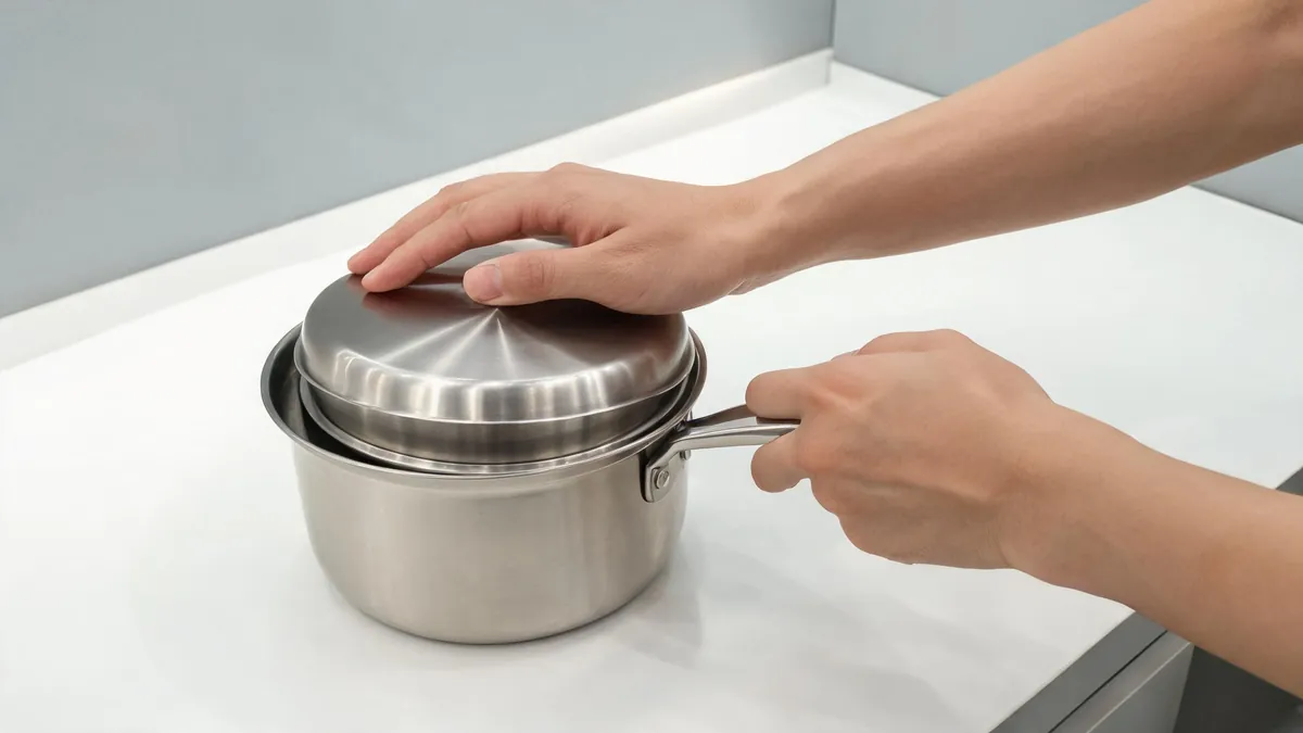 Checking lid fit and handle on a cookware sample - illustrative