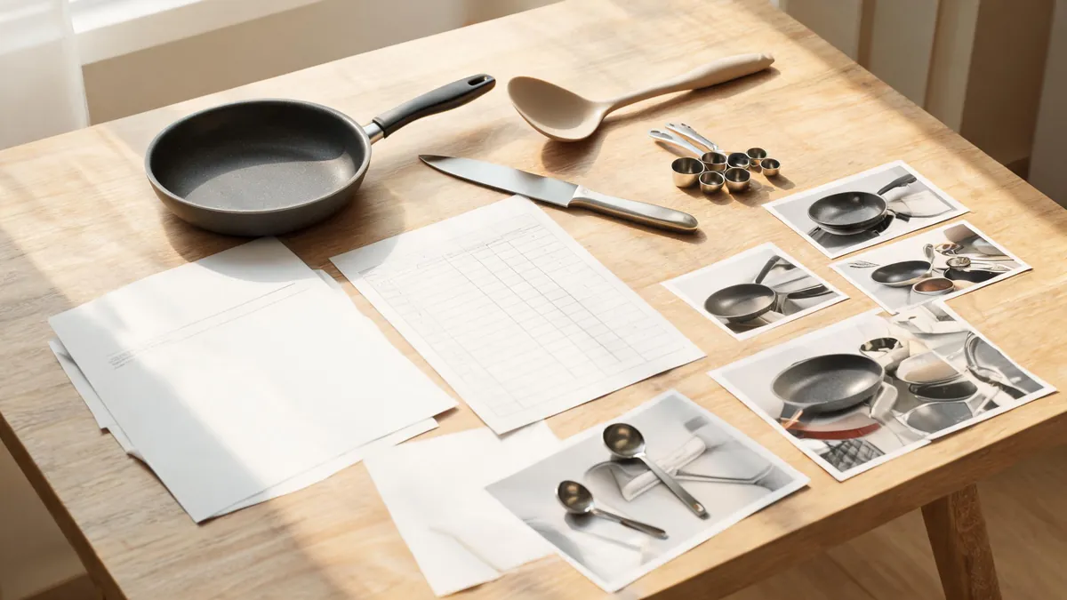 Kitchenware samples with documentation on a desk - illustrative