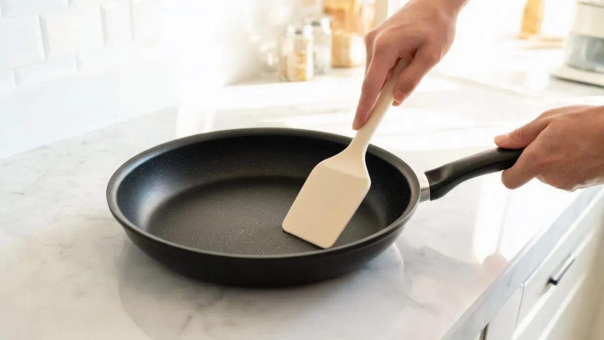 Testing a non-stick coating with a spatula - illustrative