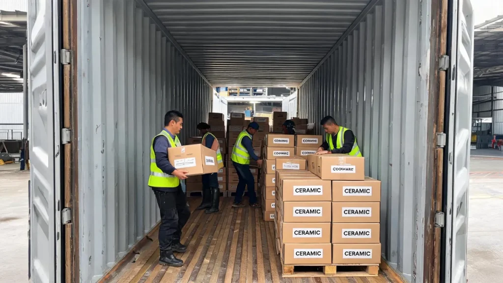 Mixed kitchenware cartons loaded into an export container - illustrative
